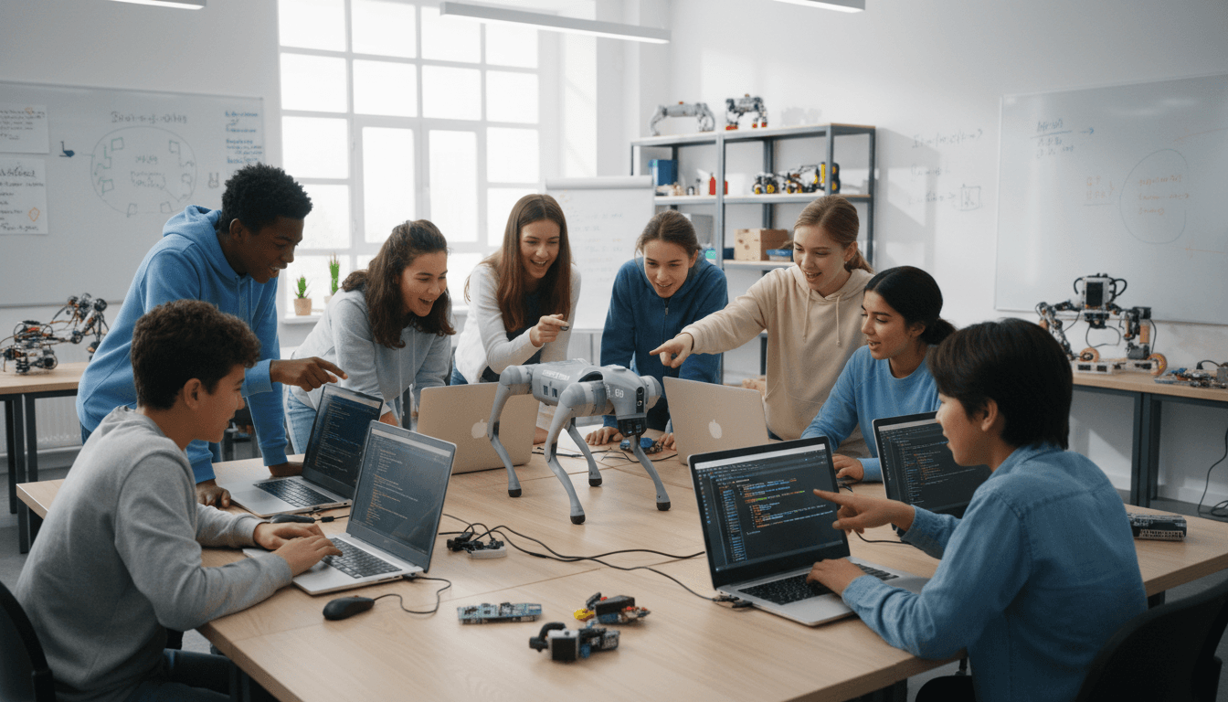 Students programming a robot